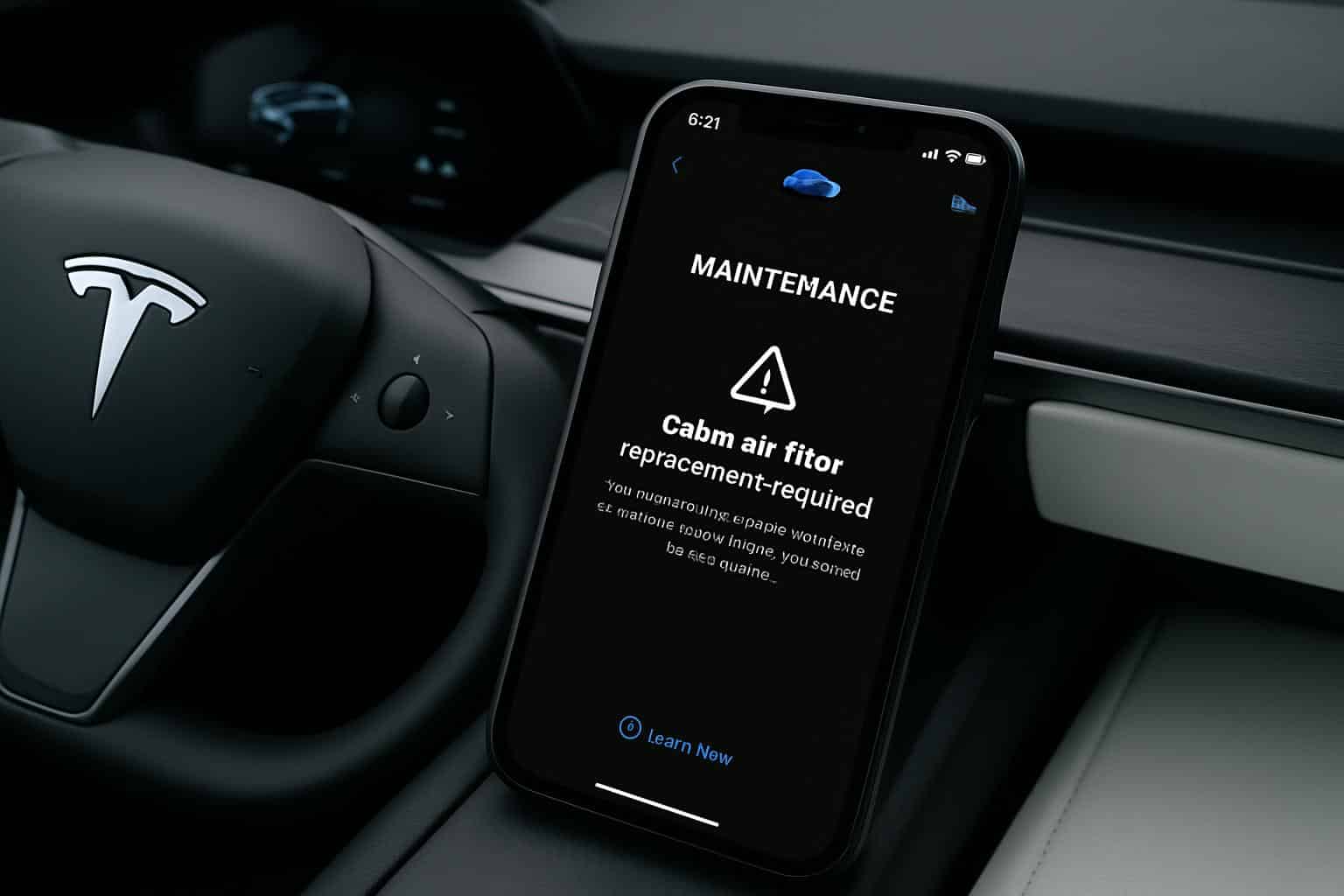 Tesla iOS app showing detailed maintenance recommendations on iPhone screen