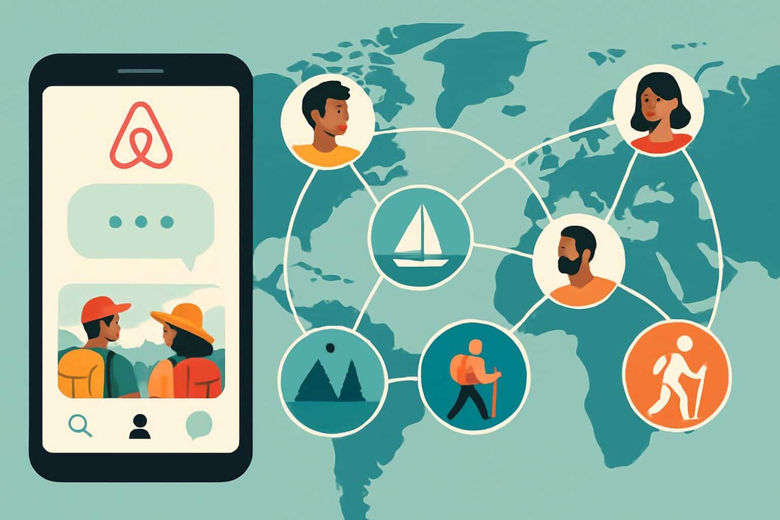 Smartphone shows Airbnb app with social networking features linking traveler profiles and chat