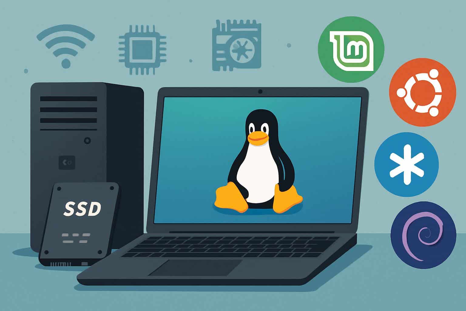 Laptop showing Ubuntu, Fedora, Linux Mint logos—best Linux distros for a brand-new computer