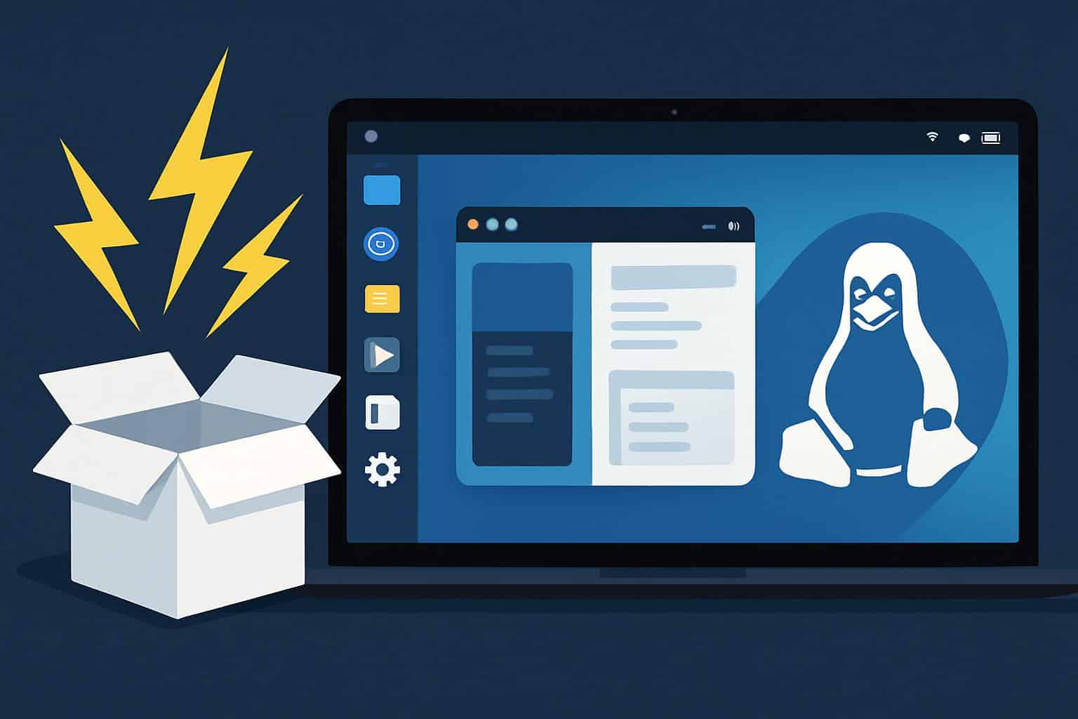 Laptop with lightning bolt and Linux logos, highlighting five fast distros for new PCs