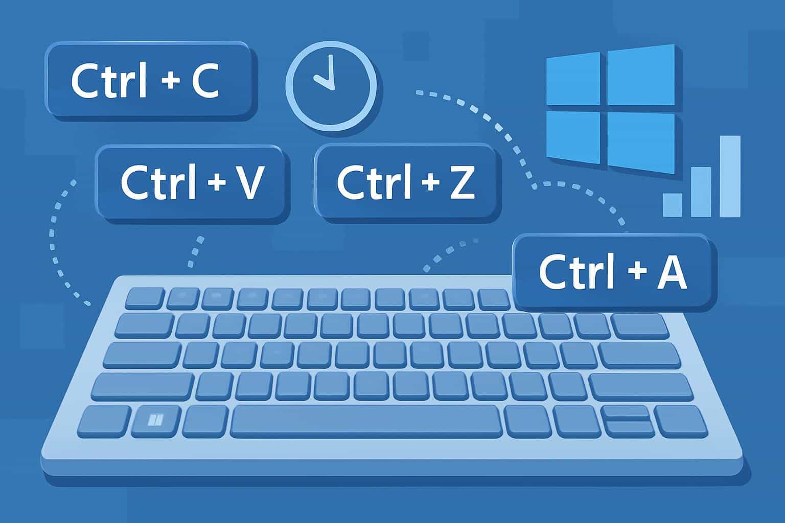 Windows keyboard with highlighted shortcut keys for productivity