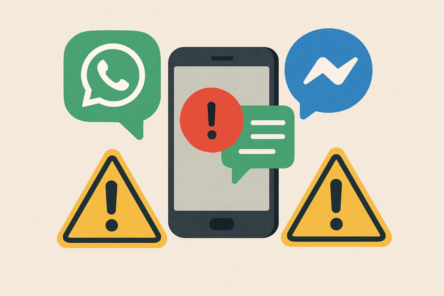 Smartphone showing WhatsApp and Messenger scam warnings for seniors