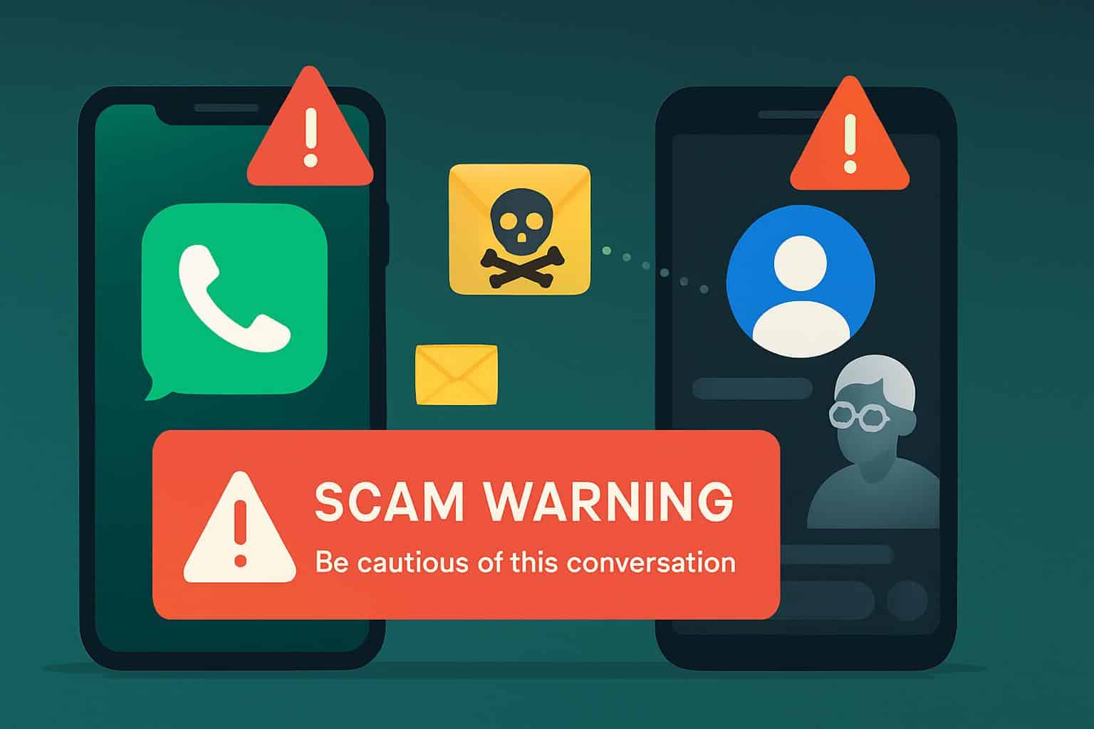 Smartphone screen showing WhatsApp and Messenger scam warnings for seniors