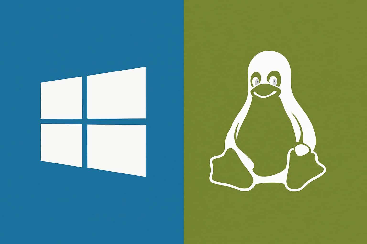 Windows 10 end of support with Windows logo transitioning to Linux Tux penguin