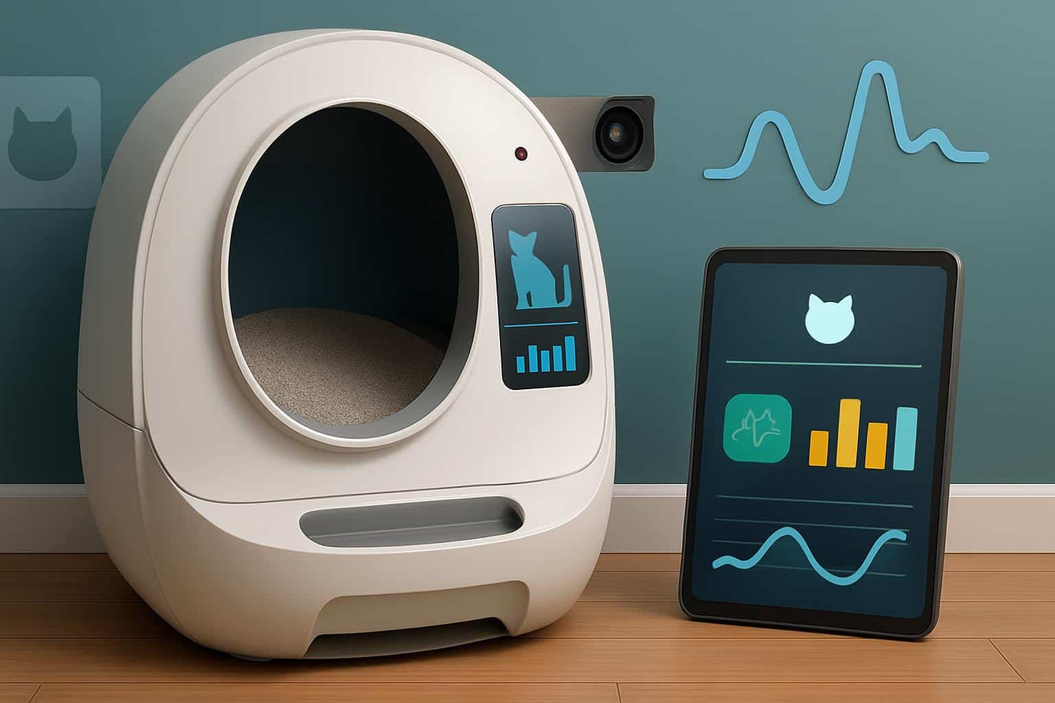 Cat beside AI litter tray that tracks health via sensors and app alerts