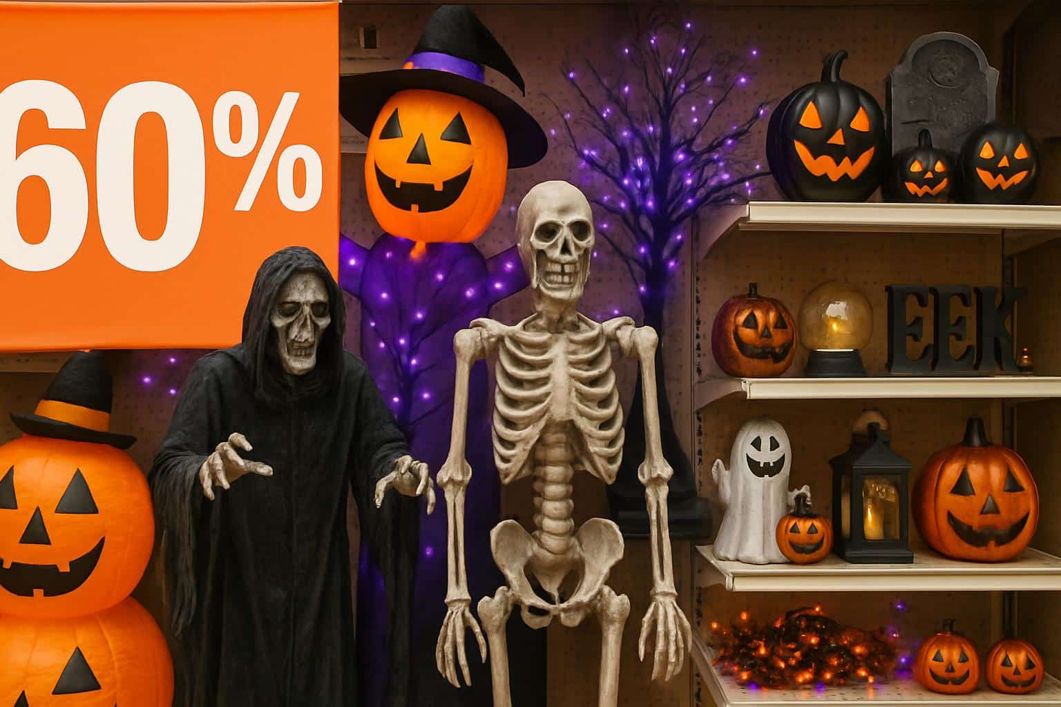 Halloween decor sale signs show discounts up to 60% at Home Depot, Michaels, Target
