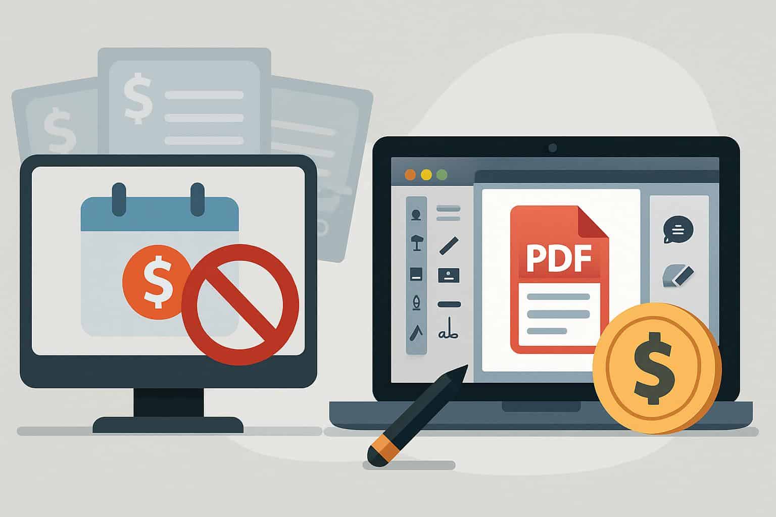 Laptop screen showing  PDF editor, one-time purchase with no subscription