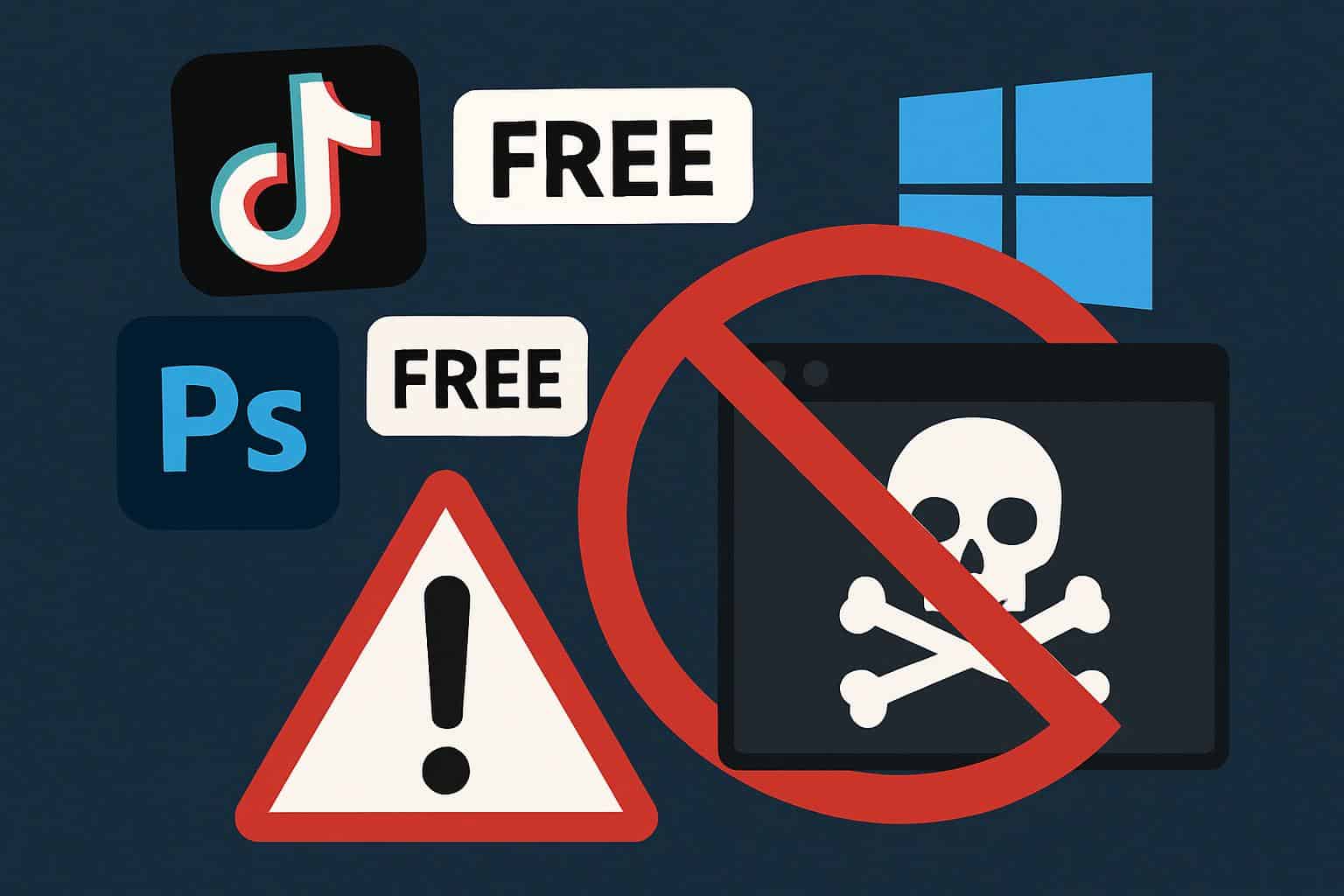 TikTok free Photoshop or Windows license scam warning with app and software logos