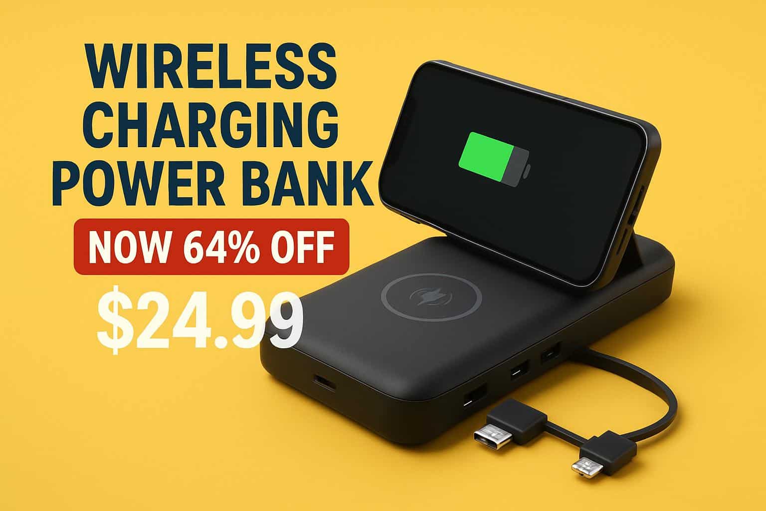 Wireless charging power bank portable charger on sale for $24.99, 64% off