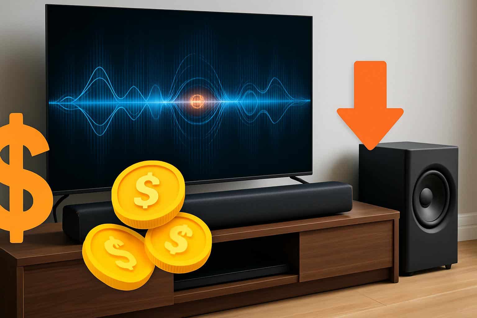 Budget soundbar and subwoofer on TV stand, highlighting deep bass home theater deals