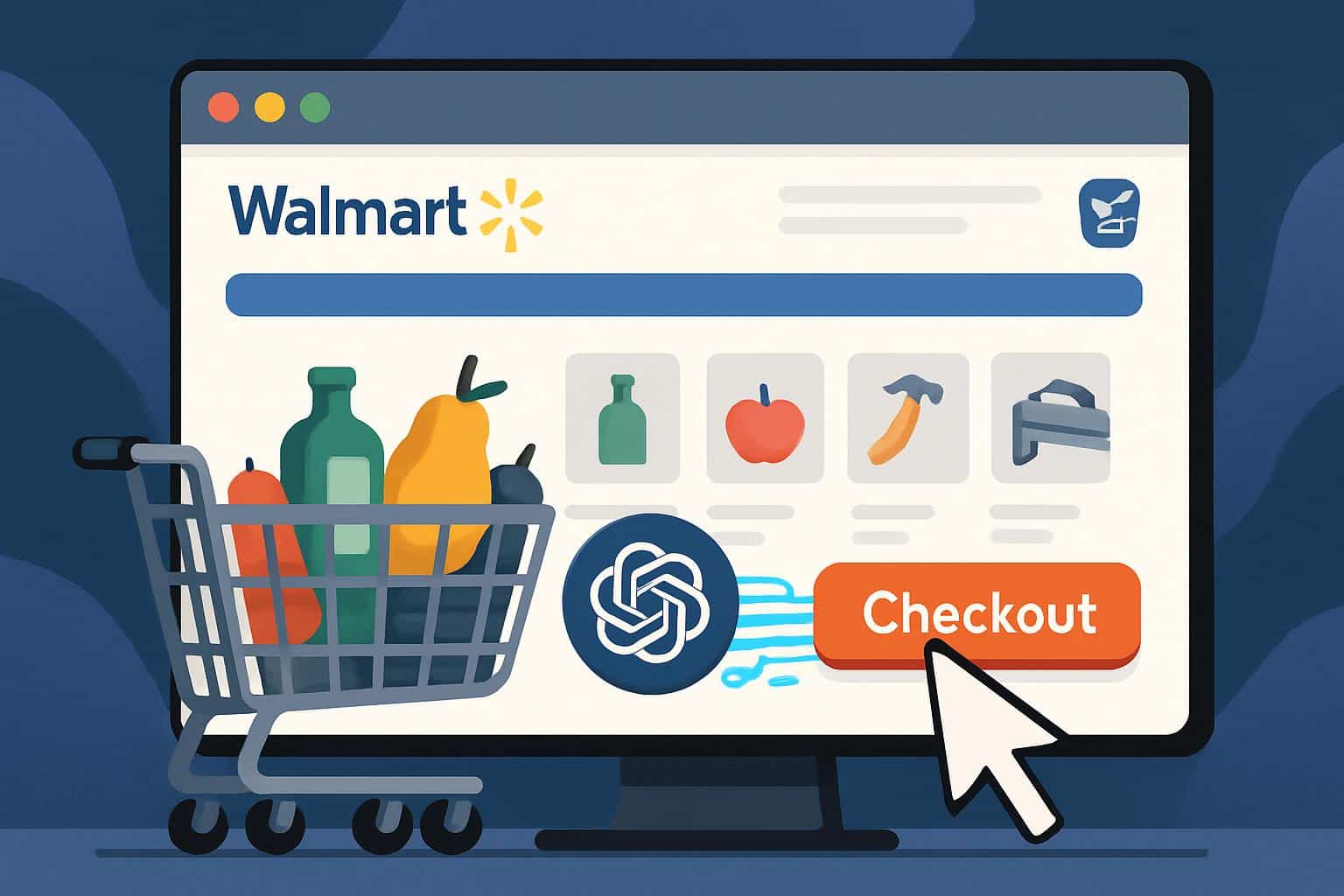 ChatGPT Atlas managing a Walmart grocery order on a smartphone with a cart and product list