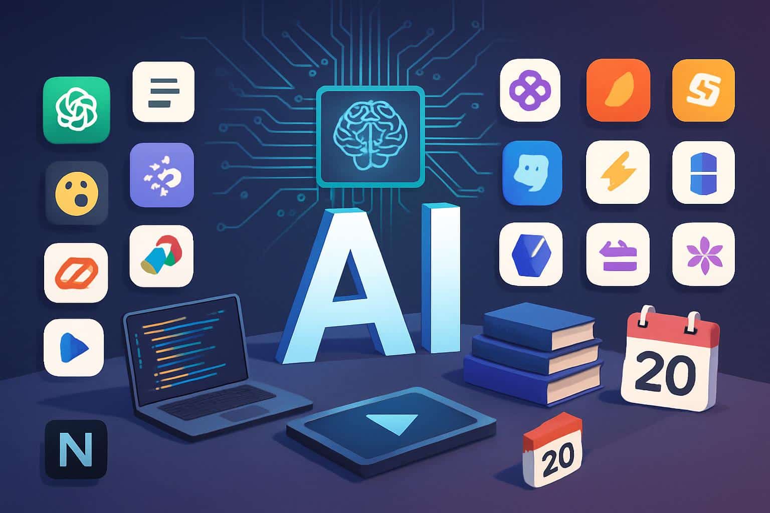 Laptop surrounded by AI app icons promoting a $20 course to master 20 tools.