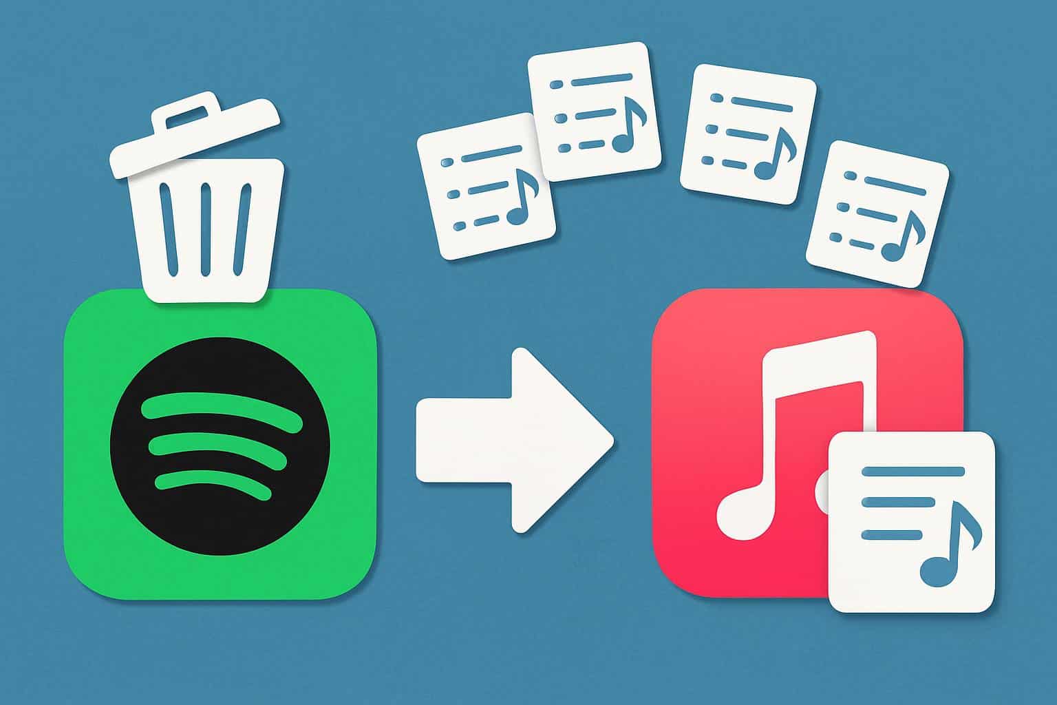 Spotify logo with delete symbol and arrow transferring playlists to Apple Music