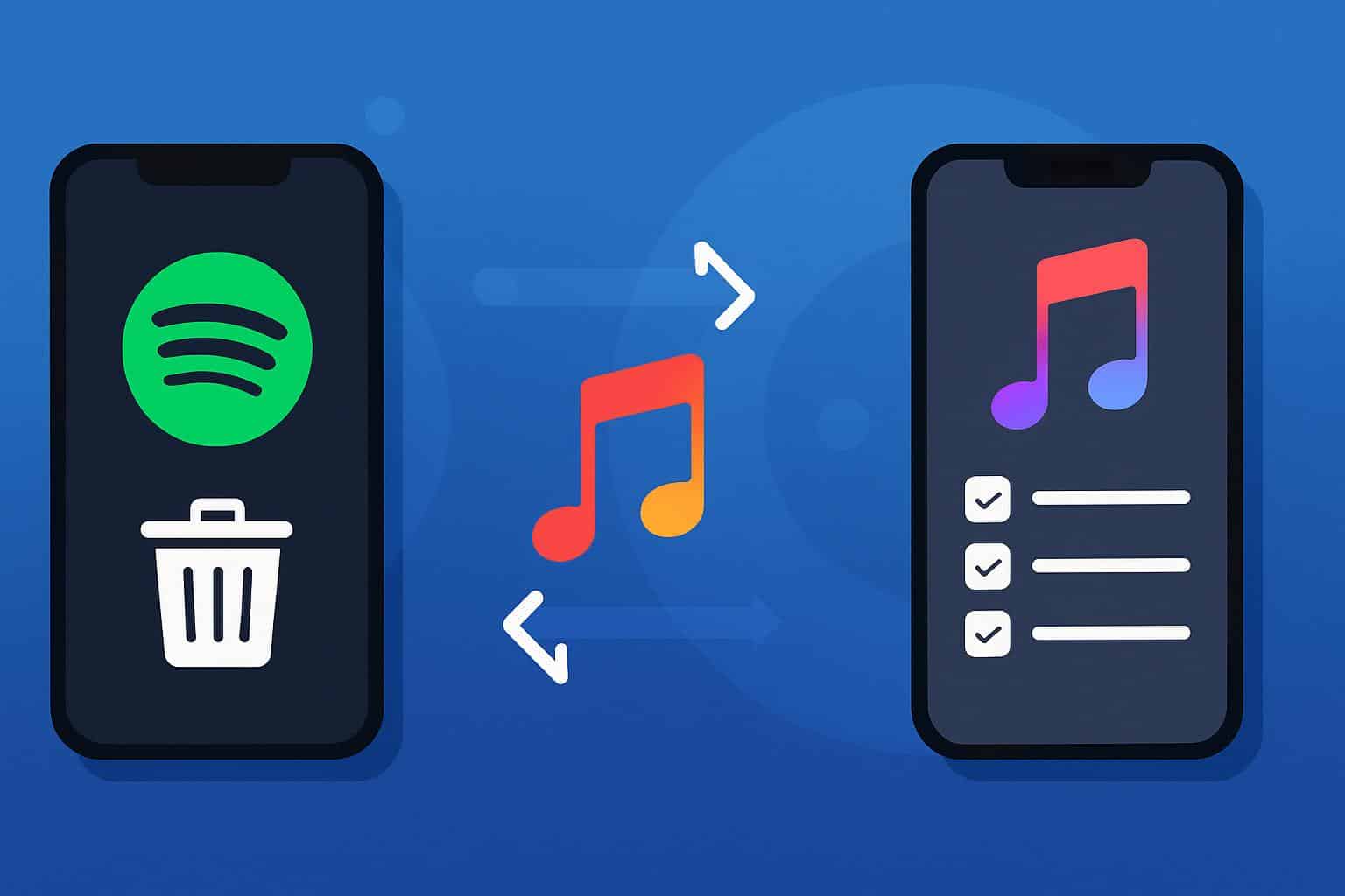 Arrow from Spotify to Apple Music showing playlist transfer and deletion