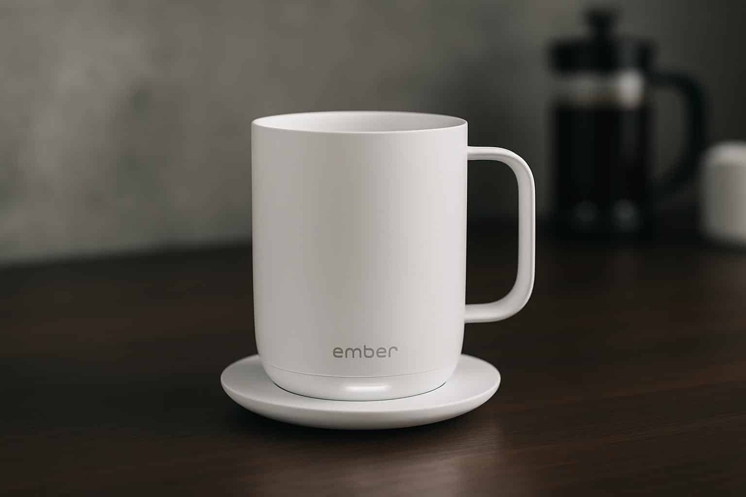 White Ember Mug 2 temperature-controlled smart mug on charging coaster