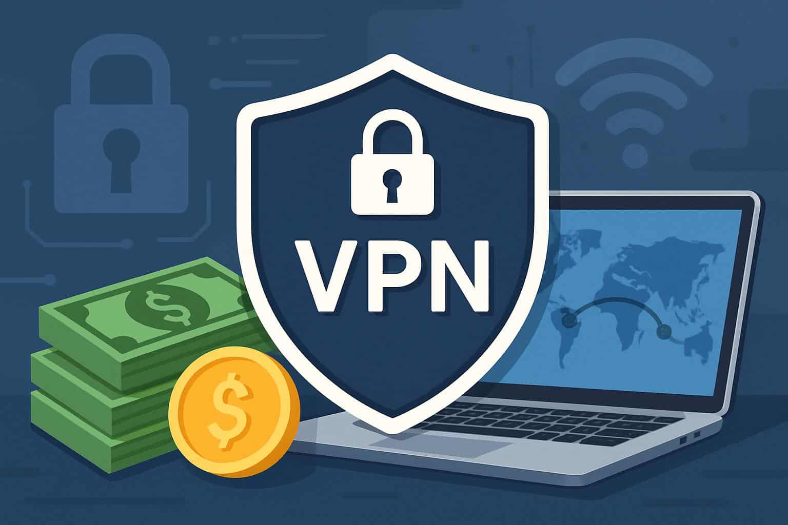 Laptop with VPN shield and padlock emphasizing value of paying for a quality VPN