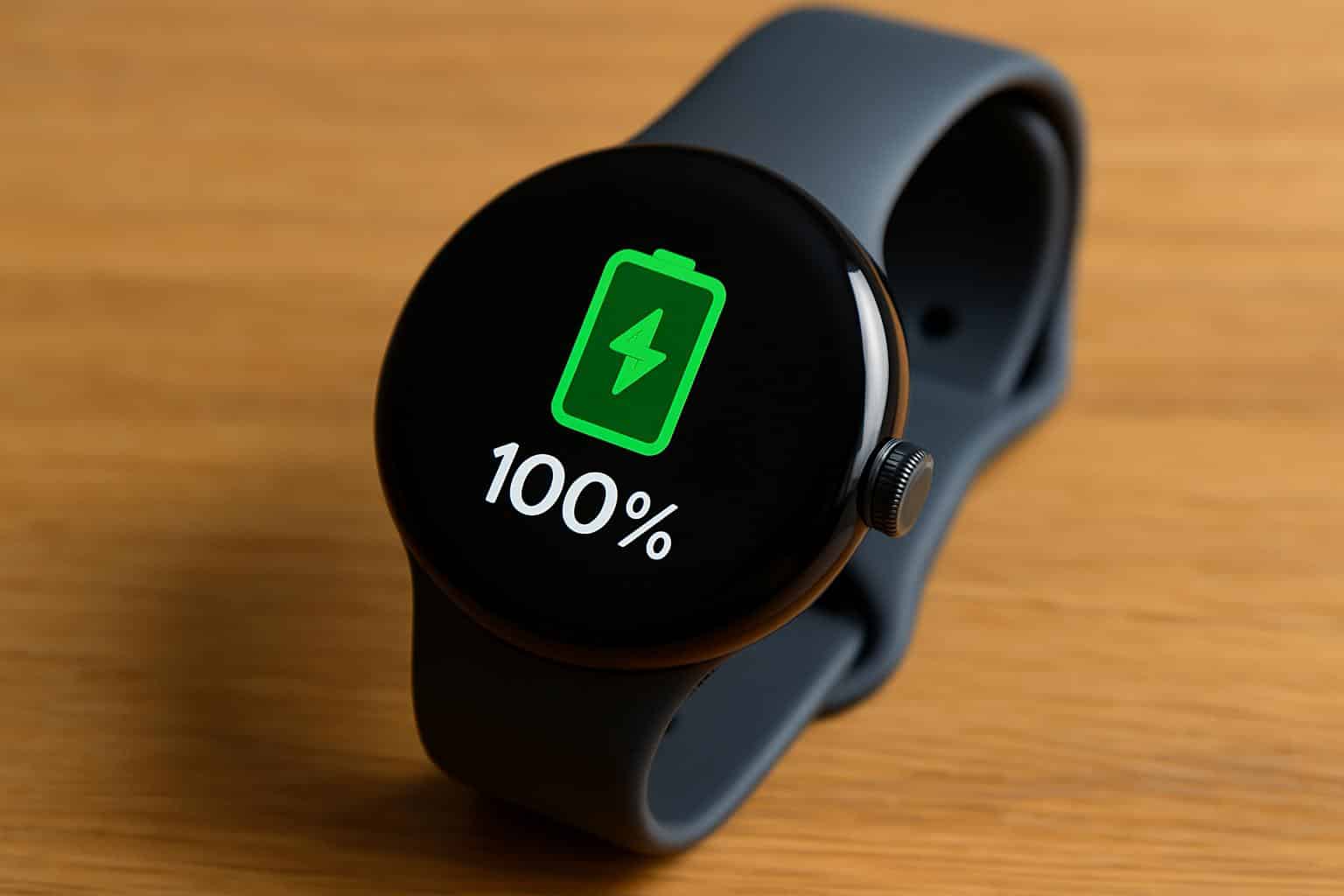 Pixel Watch 4 showing full battery, highlighting all-day smartwatch battery life