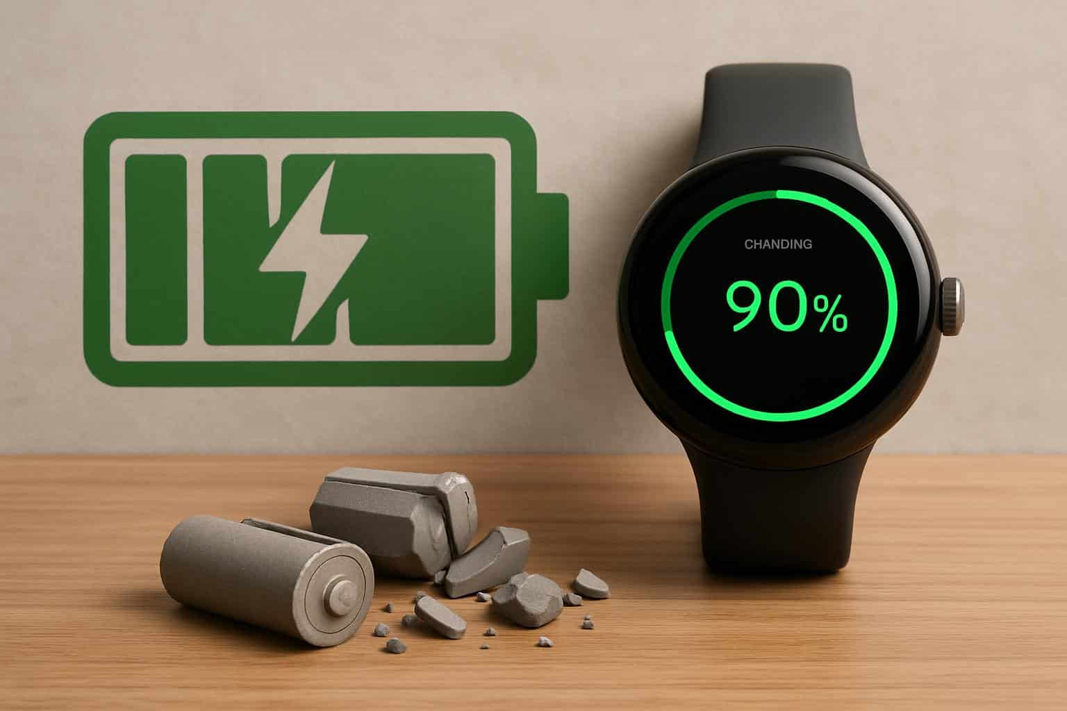 Pixel Watch 4 with full battery icon, highlighting longer battery life