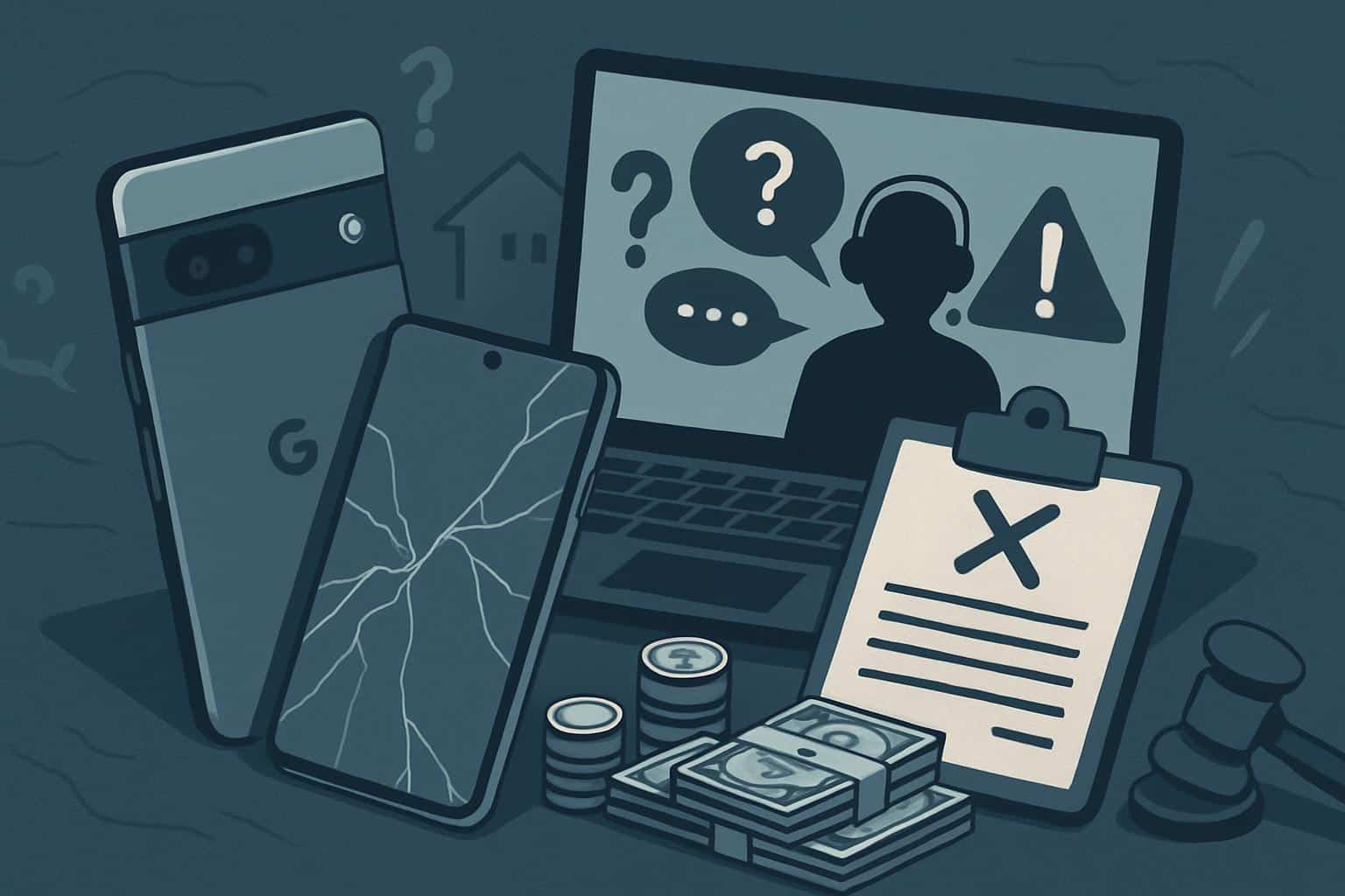 Pixel loyalists' customer support woes with phone, error icons, and chat bubbles