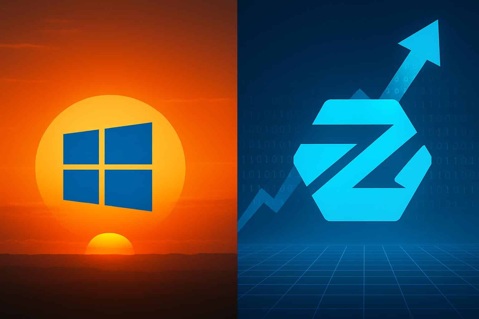 Windows 10 logo fading; Zorin OS logo and upward arrow highlight adoption surge
