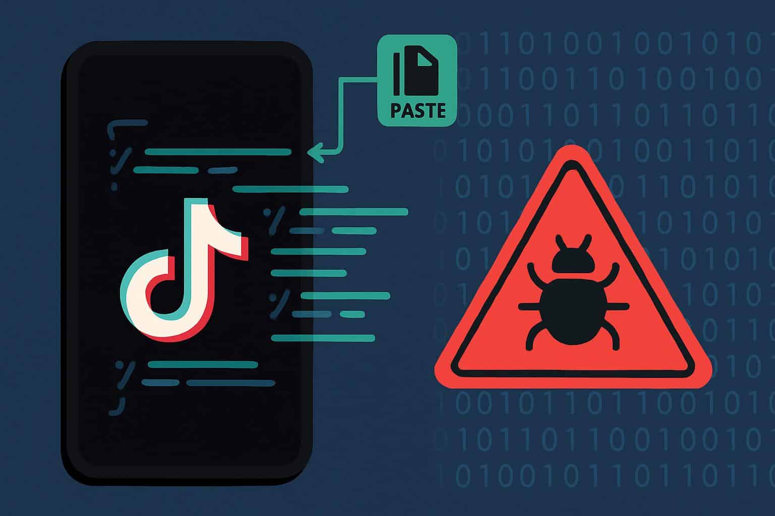 TikTok app logo on code backdrop, highlighting code-paste tech tips malware scam