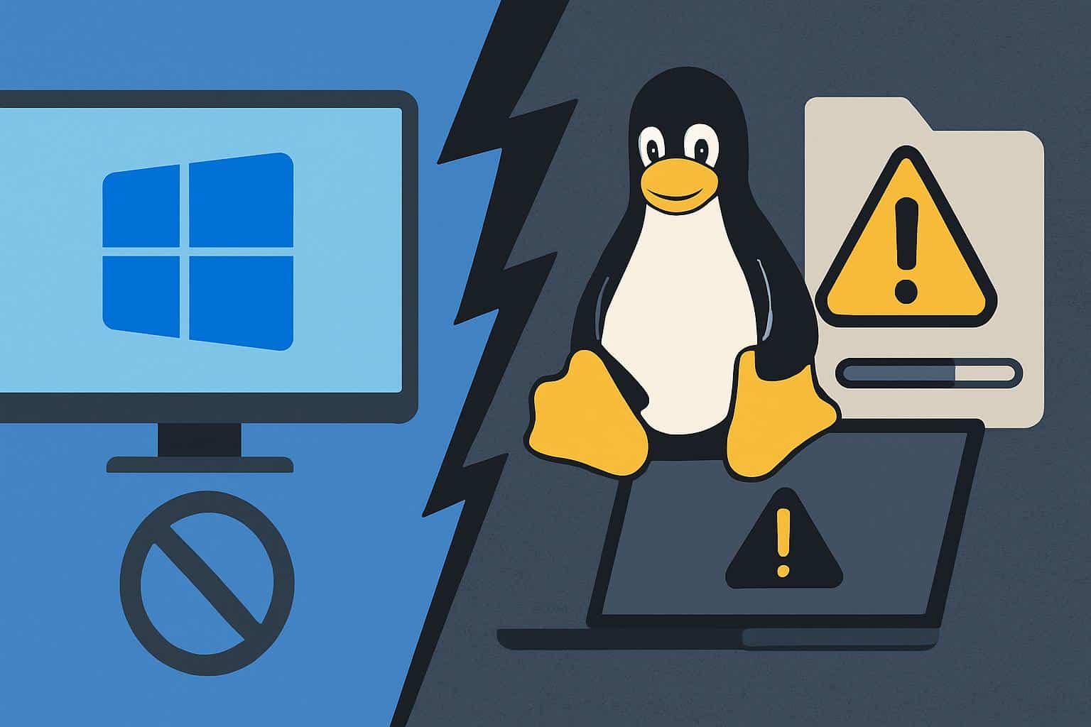 Windows 11 logo with warning icons next to Linux Tux, highlighting nine issues in a week