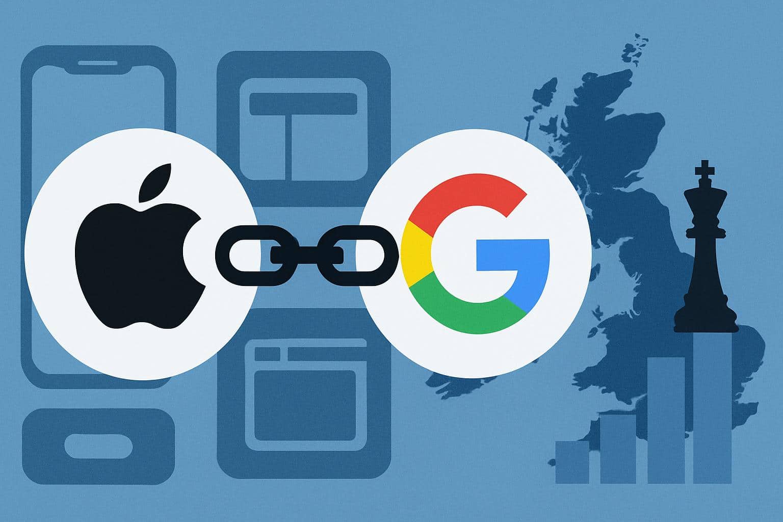 Apple and Google logos beside UK flag, symbolizing Strategic Market Status designation