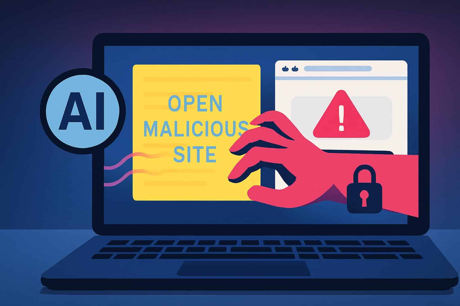 AI browser hijacked by malicious photo file exploit, security warning on screen