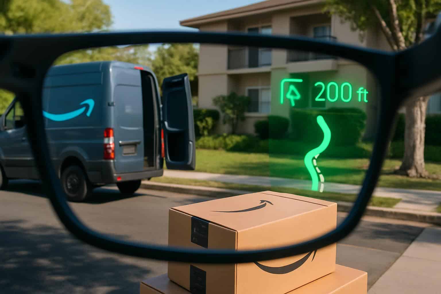 Amazon delivery driver wears smart glasses for hands-free package scanning and route guidance