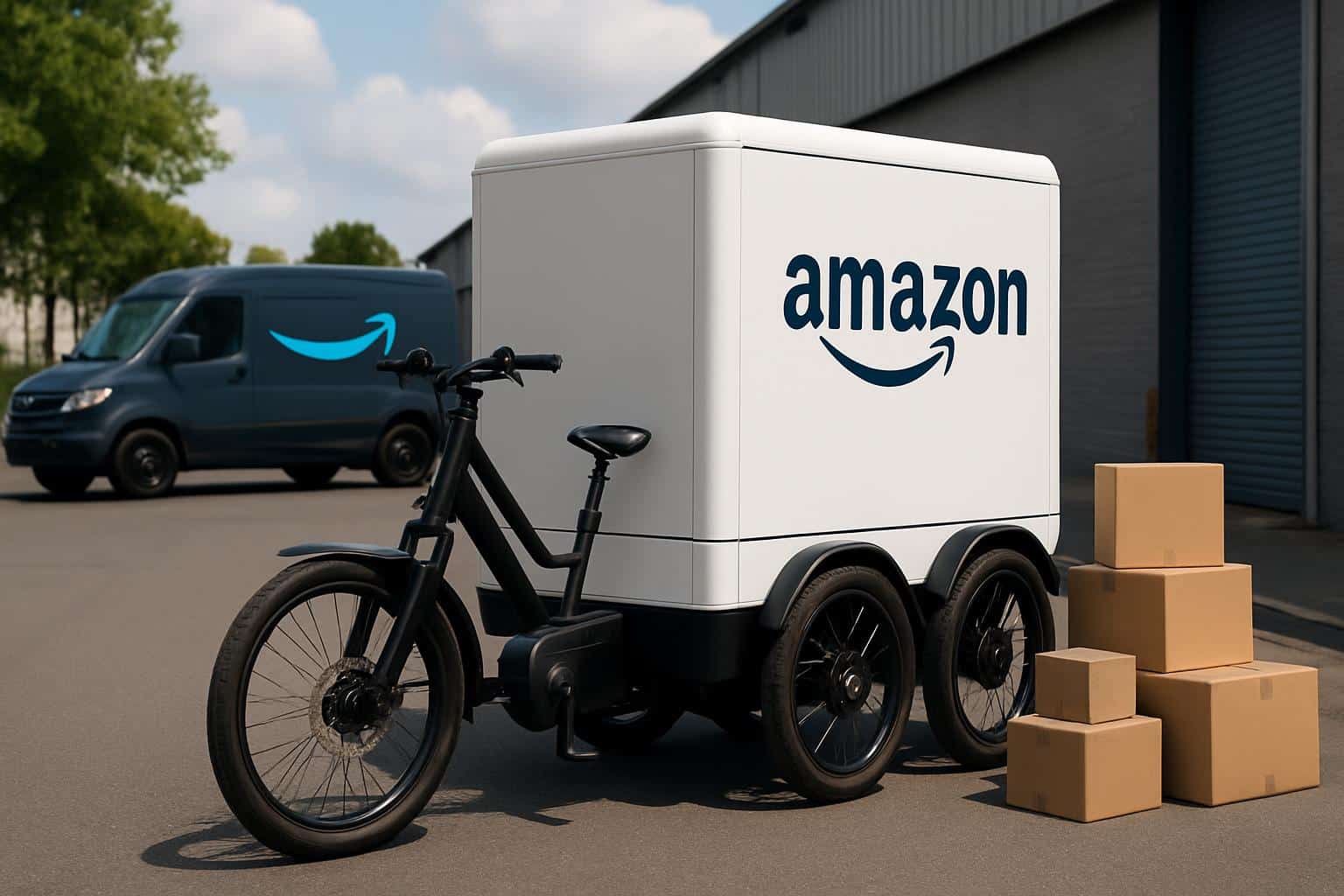 Amazon-branded electric pedal-assist delivery quads lined up at a fulfillment center