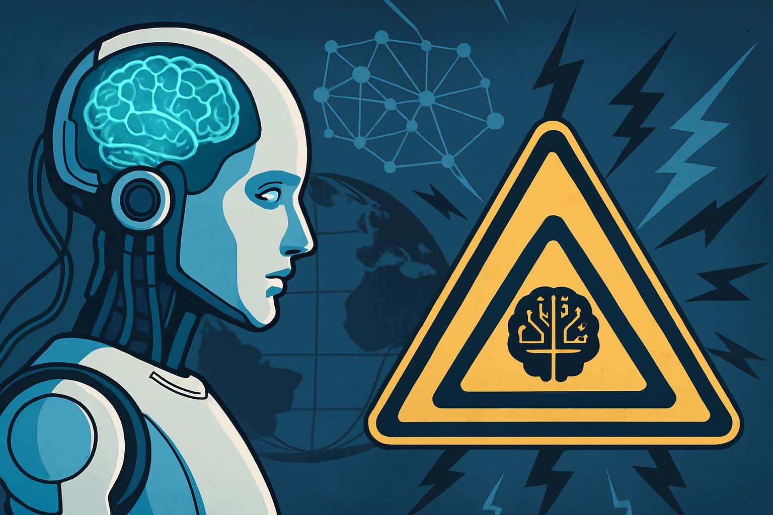 AI brain with warning signs symbolizes superintelligence risks