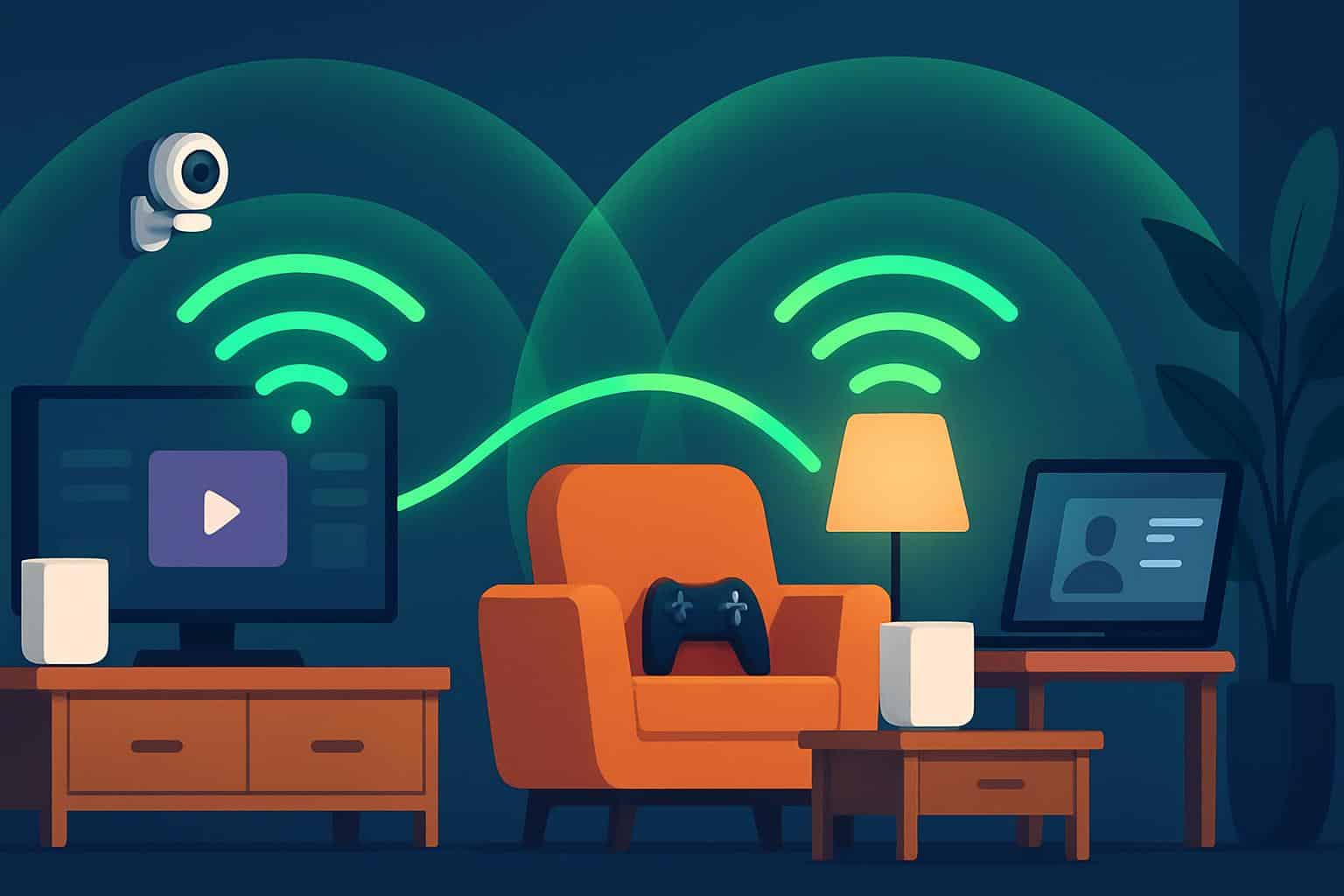 Wi‑Fi mesh routers with coverage map highlighting deals to boost home internet speeds