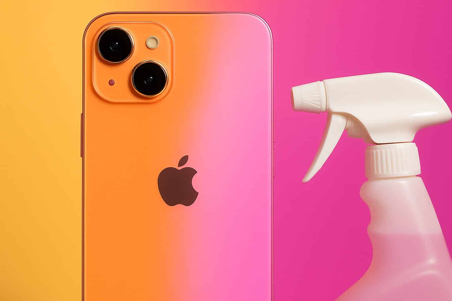 Orange iPhone 17 turning pink from household cleaner damage