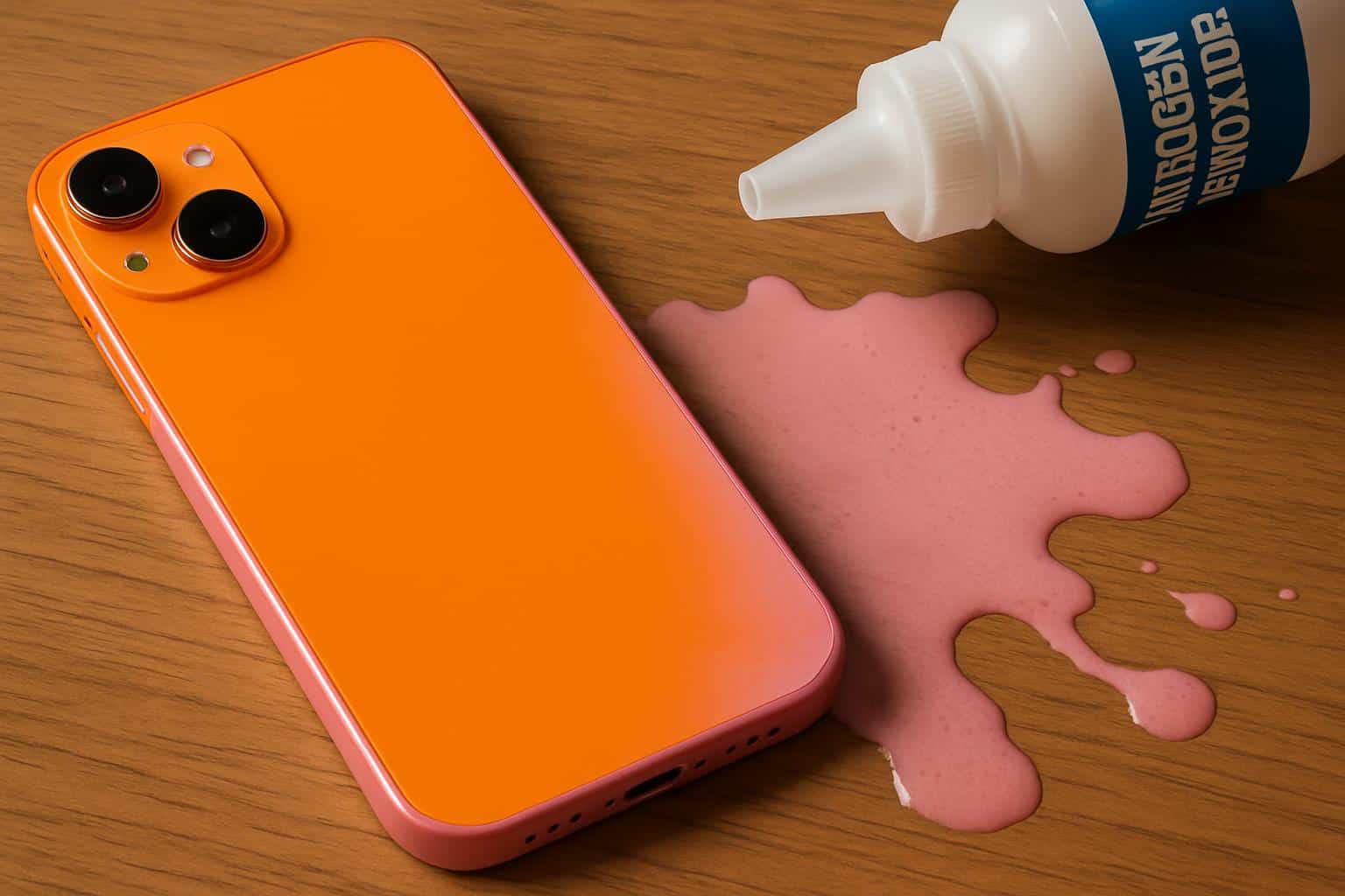 Apple iPhone 17 in orange turning pink from household cleaner chemicals
