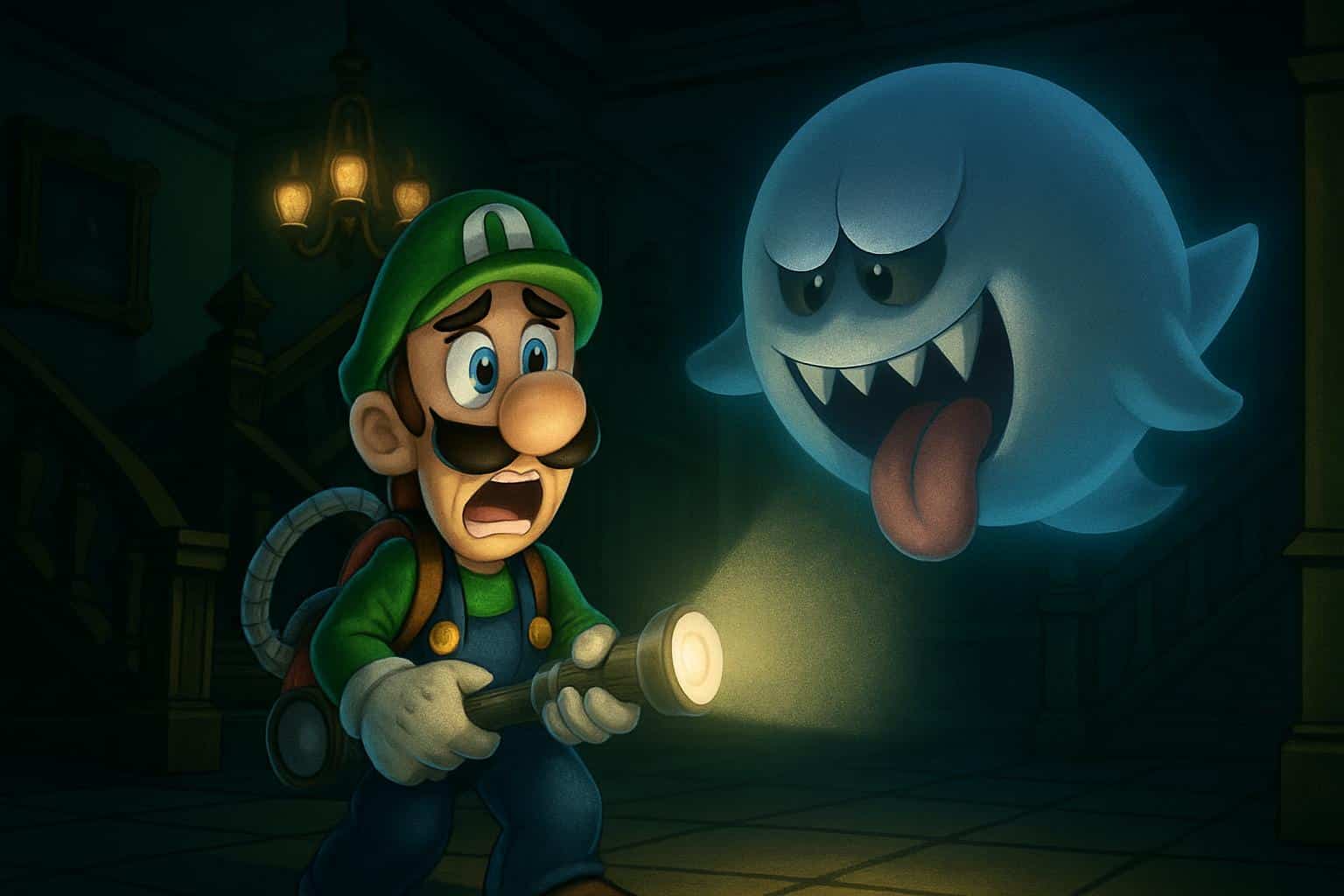 Original Luigi’s Mansion haunts Nintendo Switch 2, Luigi with Poltergust in spooky mansion