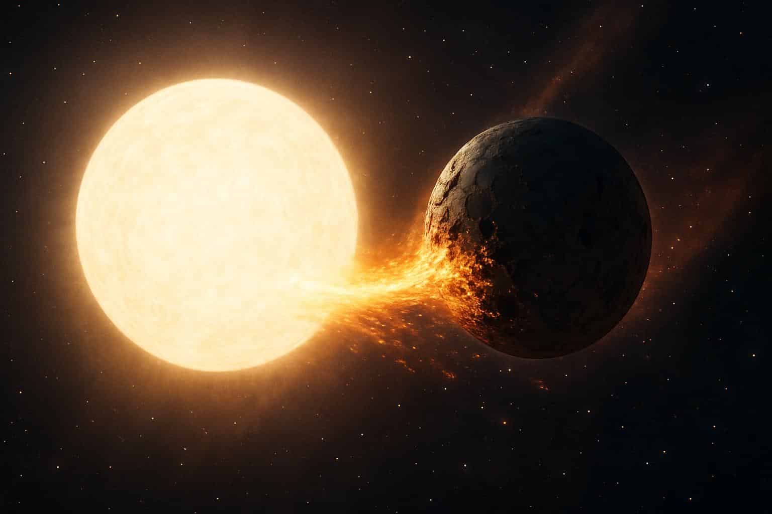 Ancient white dwarf devouring a planet, debris spiraling into a bright accretion disk