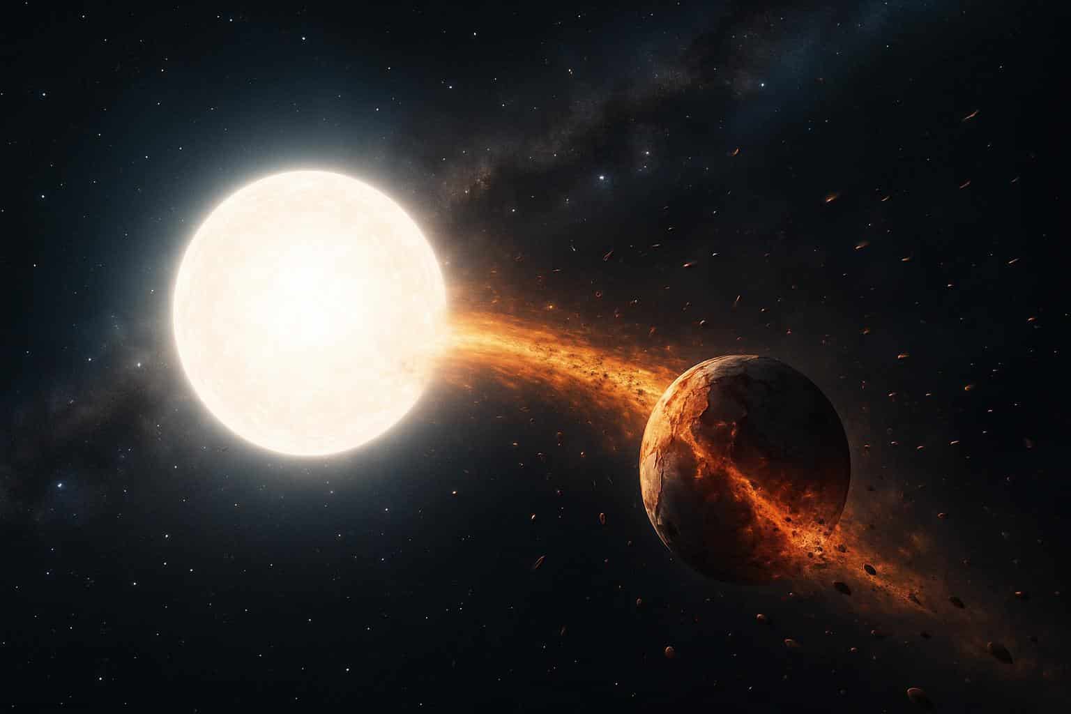 Ancient white dwarf devouring a planet, debris forming a glowing accretion disk