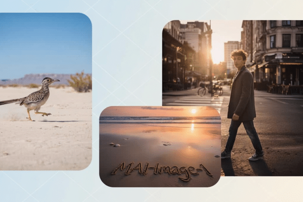 A collage of three images : a roadrunner in a desert, a man walking on a city street at sunset, and a beach at sunset with text MAI- image-1 written in the sand. The background is a professional flat design with soft patterns. Filename : image collageprofessional background.png