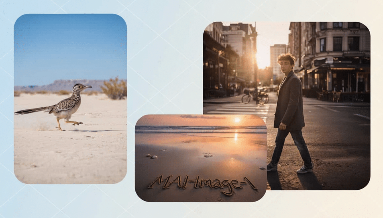 A collage of three images : a roadrunner in a desert, a man walking on a city street at sunset, and a beach at sunset with text MAI- image-1 written in the sand. The background is a professional flat design with soft patterns. Filename : image collageprofessional background.png