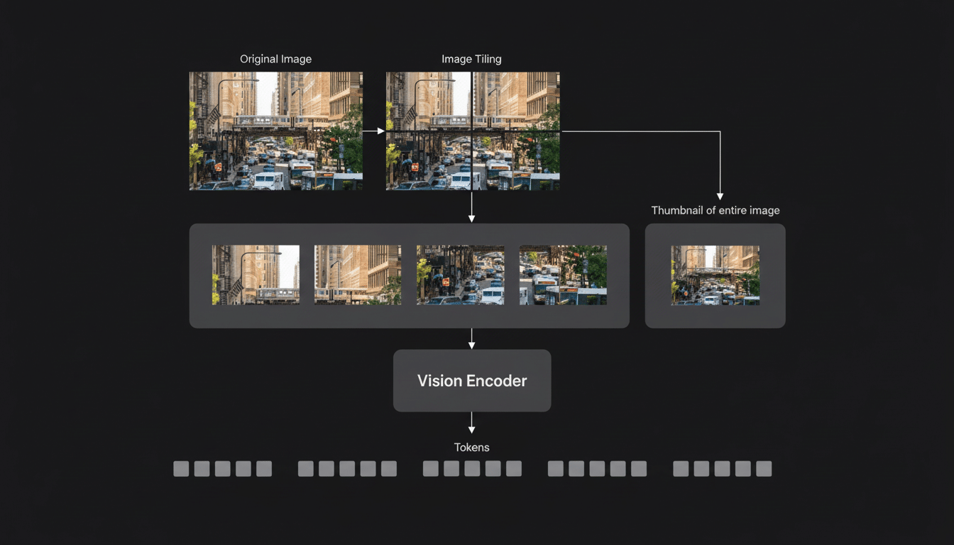 Diagram showing image tiling and encoding process with original image, tiled images, and tokens .