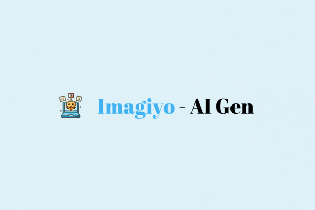 The Imag iyo - AI Gen logo, featuring a cartoon robot peering out of a laptop surrounded by digital icons, set against a light blue background. The text Imagiyo is in blue, and - AI Gen is in black.