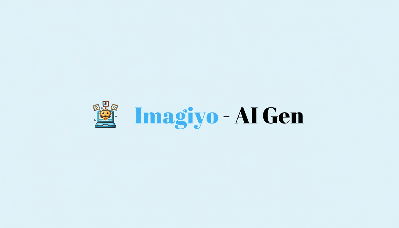 The Imag iyo - AI Gen logo, featuring a cartoon robot peering out of a laptop surrounded by digital icons, set against a light blue background. The text Imagiyo is in blue, and - AI Gen is in black.