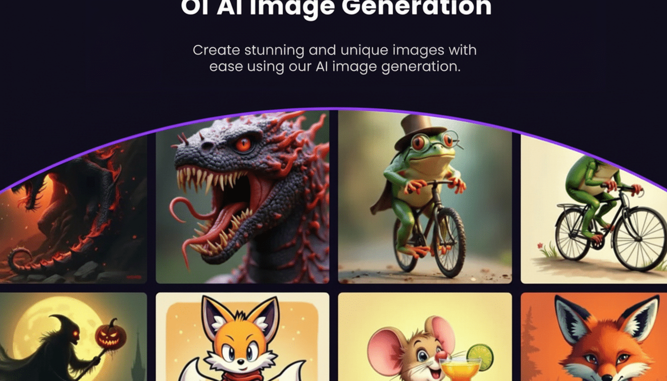 A banner advertising AI image generation, showcasing various AI -generated images including dragons , a frog on a bicycle, a fox, and a spooky figure .
