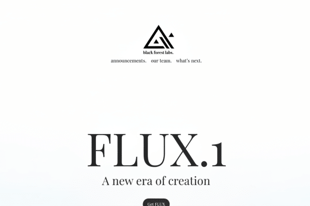 The Black Forest Labs logo is displayed in black on a white background, with text black forest labs. announcements . our team. what's next . below it. The main text FL UX.1 is prominently displayed in a large serif font, with A new era of creation underneath . A dark grey button with Get FLUX in white text is at the bottom center .