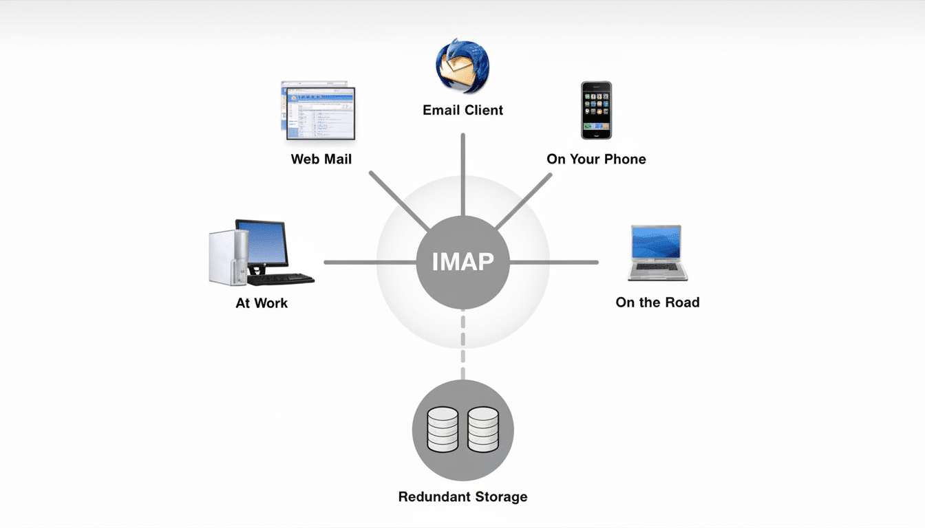 A professional diagram illustrating how IM AP central izes email access across various devices including web mail, email clients, phones, desktop comp