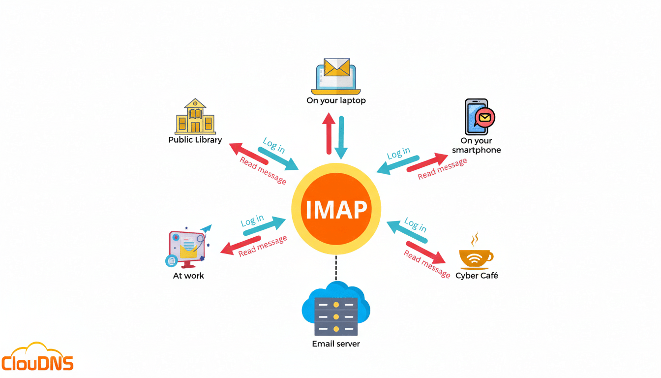 Diagram illustrating how IMAP allows access to an email server from multiple devices and locations, including a public library, a laptop, a smartphone