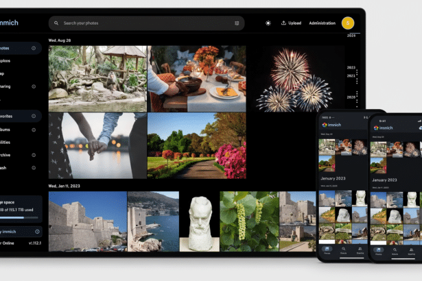 The Imm ich photo management application displayed on a tablet and a smartphone, showing a gallery of diverse images.