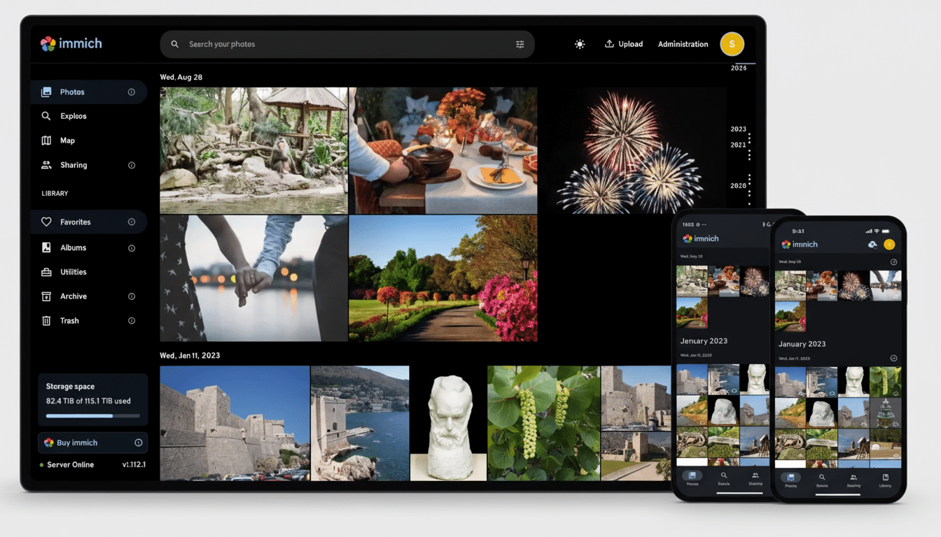 The Imm ich photo management application displayed on a tablet and a smartphone, showing a gallery of diverse images.