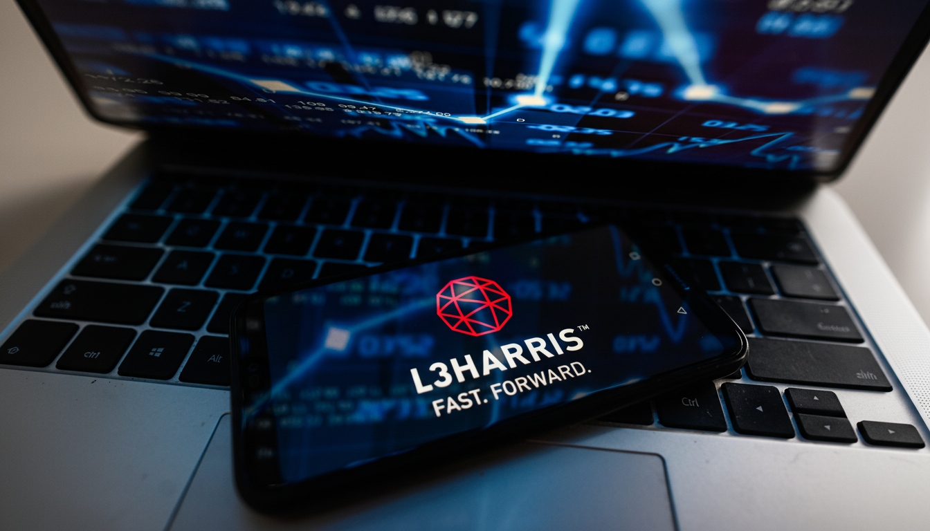 A smartphone displaying the L3Harris logo and