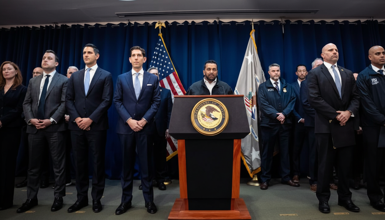FBI badge beside basketball, poker chips and circuits for tech-rigged mob and NBA poker ring bust